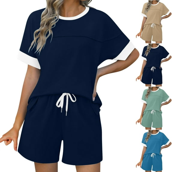 Ahuyic Womens Summer Casual Outfit Set,Womens Plus Size Outfit,Womens Casual Short Sleeved Round Neck Top And Drawstring Shorts Two-piece Color Blocked Set