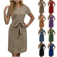 thumbnail image 1 of Summer Clearance! Ahuyic Womens Summer Casual Dress,Plus Size Sundress for Women,Ladies Fashion Casual Solid Color V-neck Solid Color Short-sleeved Bow Belt Dress, 1 of 5