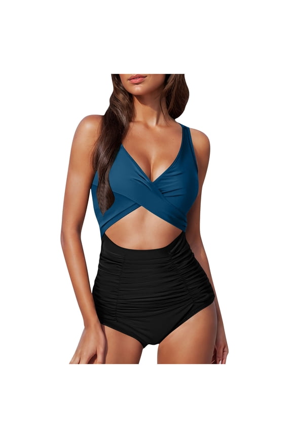 Womens Plus Size SwimSuit,Casual Solid Color Bathing Suit,Women Oversized Sleeveless Swimsuits Bikini With Neck Dew Belly V-neck Sleeveless Swimwear