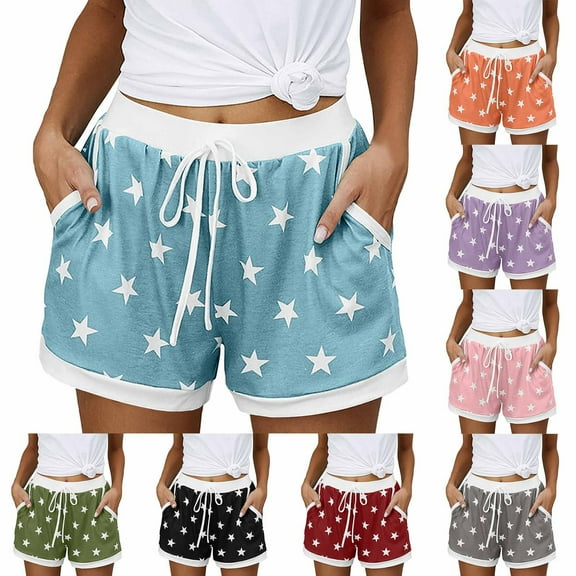 Ahuyic Womens Short Pants,Summer Plus Size Pants for Womens,Women Summer Fashion Star Drawstring Pocket Home Sleeper Shorts