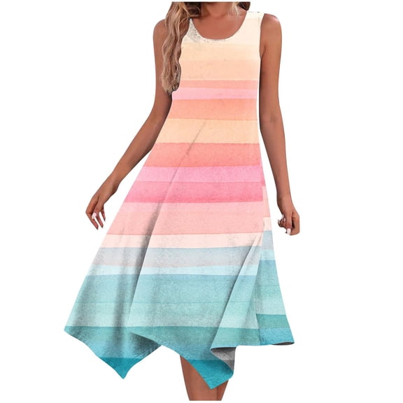 Ahuyic Womens Summer Dresses,Womens Casual Sundress,Women's Casual Summer Dress Sleeveless Sundress Hankerchief Hem Maxi Tank Dresses Beach Dress With Pockets