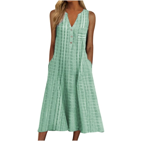 Ahuyic Womens Summer Dresses,Womens Casual Sundress,Women's Fashion Casual Sleeveless-Neck Button Striped Print Pocket Maxi Dress