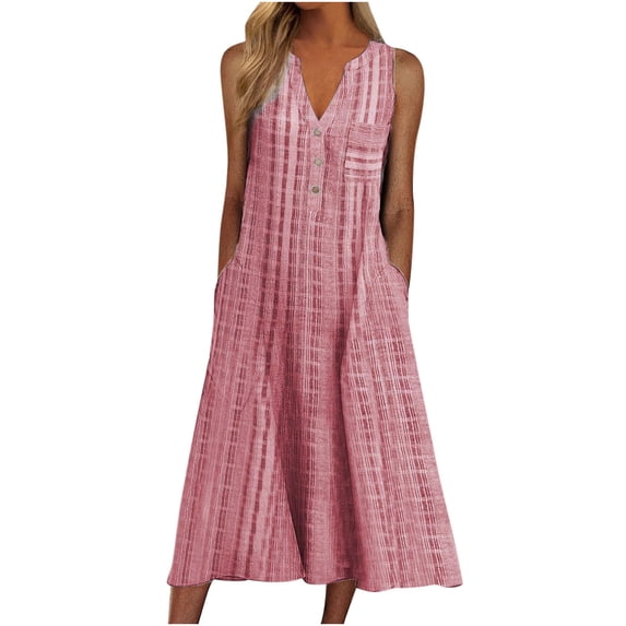 Ahuyic Womens Summer Dresses,Womens Casual Sundress,Women's Fashion Casual Sleeveless-Neck Button Striped Print Pocket Maxi Dress