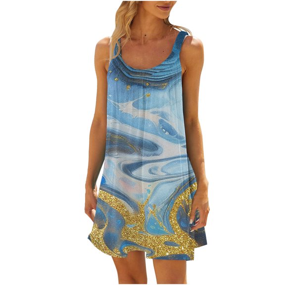 Ahuyic Womens Summer Dresses,Womens Casual Sundress,Women's Round Neck Sleeveless Gradient Tie Dyed Beach Dress