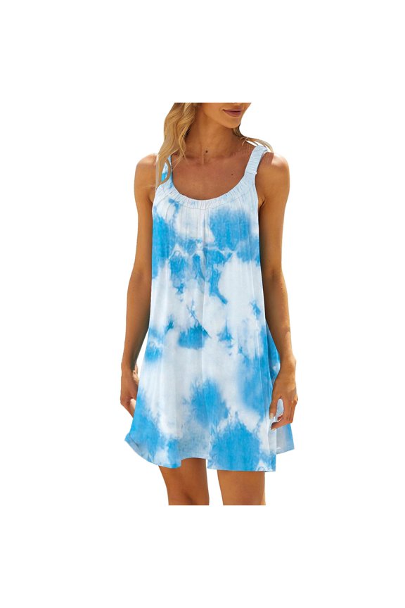 Womens Summer Dresses,Womens Casual Sundress,Women's Round Neck Sleeveless Gradient Tie Dyed Beach Dress