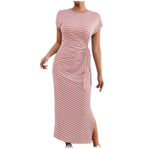Ahuyic Womens Summer Dresses,Womens Casual Sundress,Women's Striped Long Skirt Short Sleeved Slim Waist Slit Round Neck Dress
