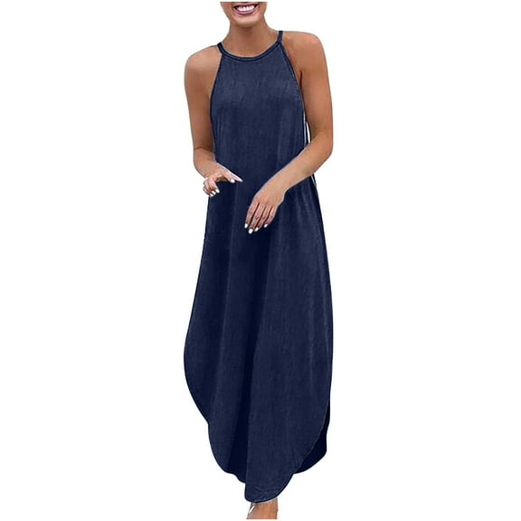 Summer! Ashirexll Plus Size Dress for Women Loose Plus Size Denim Sleeveless Solid Color Vest Long Dress Womens Dresses Dark Blue L
