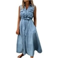 thumbnail image 1 of Summer Clearance! Ashirexll Summer Dress Women Casual Solid Sleeveless Frenulum Denim Jacket Jean Long Dresses Dresses for Women Blue XXL, 1 of 8