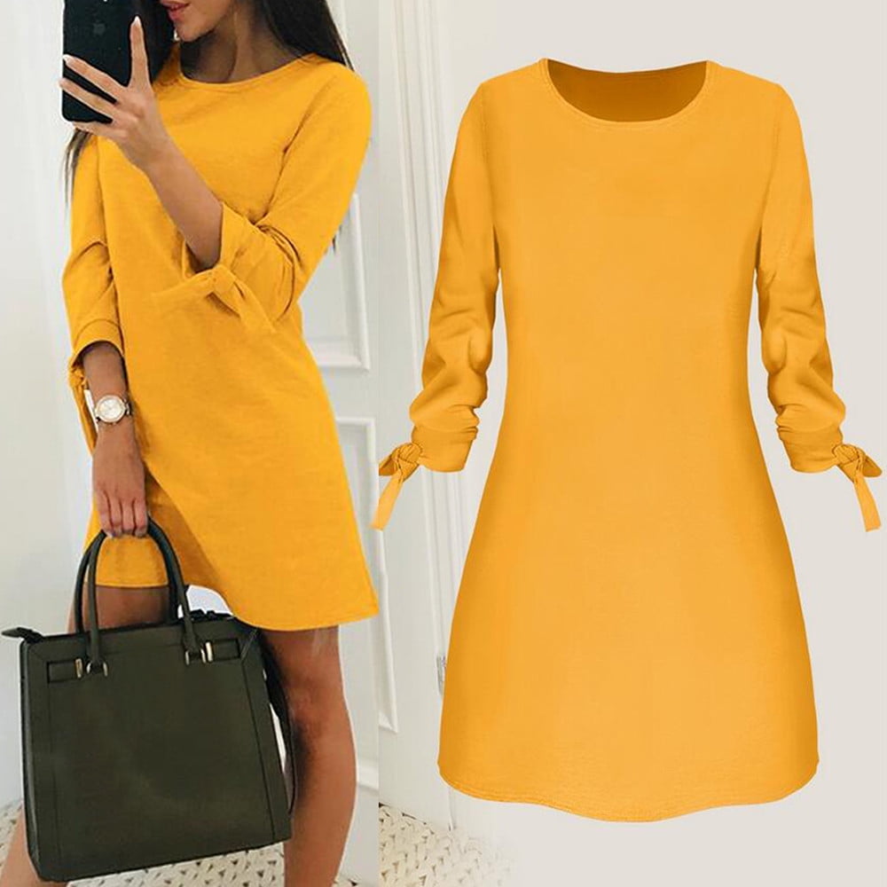 Summer! Ashirexll Summer Dress Women Fashion O-neck Solid Bow Elegant  Straigth Dress Spring Loose Mini Dresses Womens Dresses Yellow S -  Walmart.com