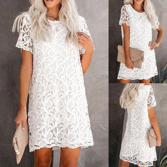 Summer! Ashirexll Womens Boho Dresses Fashion Bohemian Crewneck Casual Short Sleeve Zipper Solid Mini Sun Dress Lace Flowy Midi Dresses White M