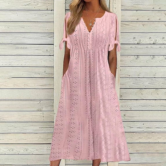 Summer Brilliant Summer Womens Dresses Plus Size Fashion Women Summer Casual V-Neck Short Sleeve Button Long Dress Pink XXXL