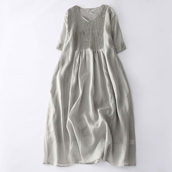 Summer !Brilliant Summer !Womens Dresses Plus Size Summer Women's Cotton Linen Solid Loose Short Sleeve V-Neck Dress Gray M