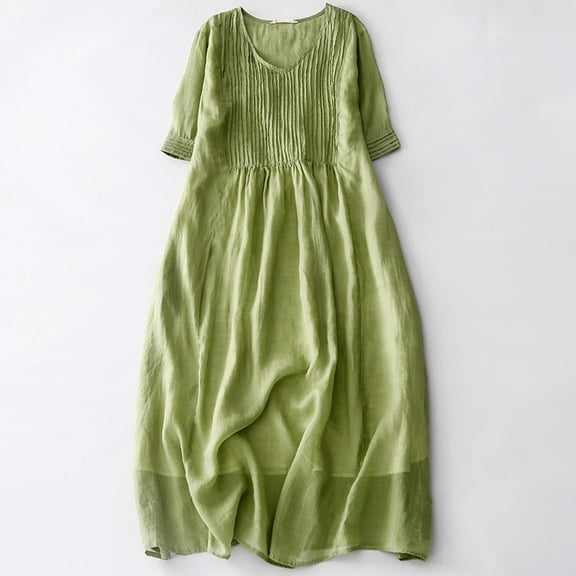 Summer Brilliant Summer Womens Dresses Plus Size Summer Women's Cotton Linen Solid Loose Short Sleeve V-Neck Dress Green L
