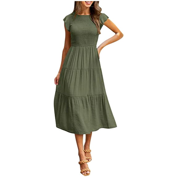 Summer Brilliant Summer Womens Dresses Plus Size Women's Bohemian Short Sleeve Long Beach Sun Dresses Solid Maxi Dress Green XXL