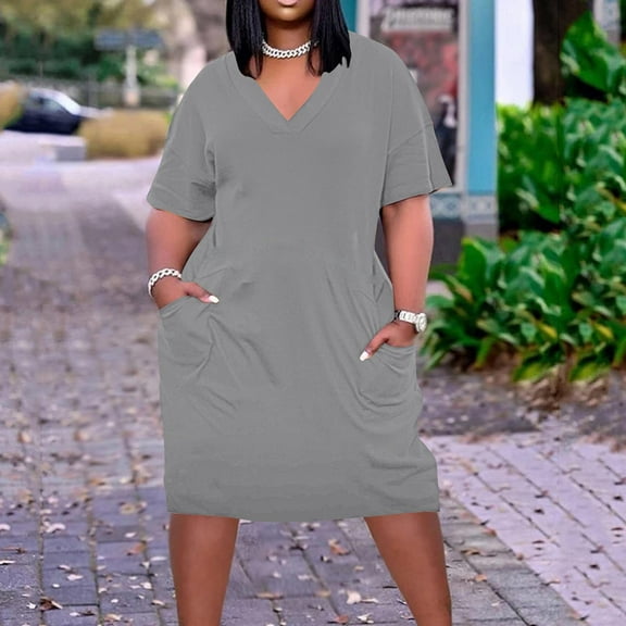 Summer Brilliant Summer Womens Dresses Plus Size Women's Fashion Large Solid Short Sleeved-Neck Pocket Dress Gray XXXXXL