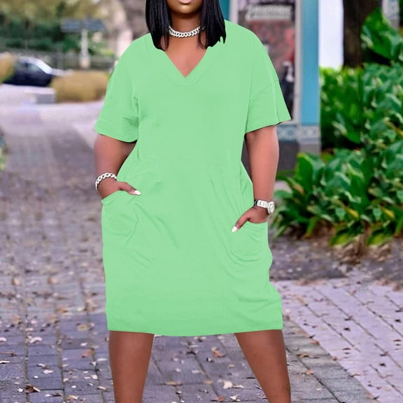 Summer Brilliant Summer Womens Dresses Plus Size Women's Fashion Large Solid Short Sleeved-Neck Pocket Dress Green XXXXXL