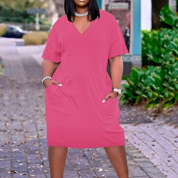 Summer Brilliant Summer Womens Dresses Plus Size Women's Fashion Large Solid Short Sleeved-Neck Pocket Dress Pink L