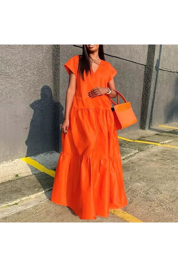 Summer Brilliant Womens Dresses Plus Size Women's Summer Casual V-Neck Solid Short Sleeve Dresses Orange XXL