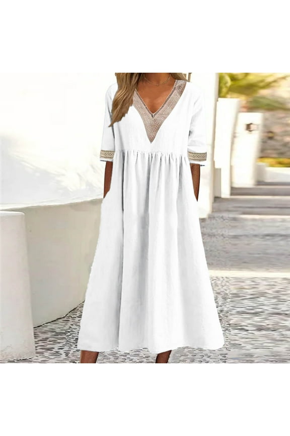 Summer Brilliant Womens Dresses Plus Size Women Summer Casual Printed V Neck Short Sleeve Dress Summer Dresses for Women 2025 White L