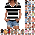 thumbnail image 1 of Summer Dressy Blouses for Women Pleated Short Sleeve Tunic Tops Casual Floral Shirts V-Neck Solid T-shirts Summer Vacation Beach Fashion Plus Size S-XXL, 1 of 6