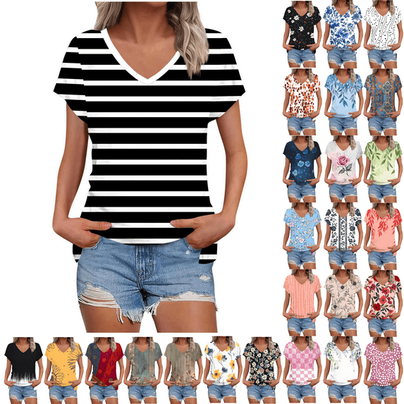 Summer Dressy Blouses for Women Pleated Short Sleeve Tunic Tops Casual Floral Shirts V-Neck Solid T-shirts Summer Vacation Beach Fashion Plus Size S-XXL