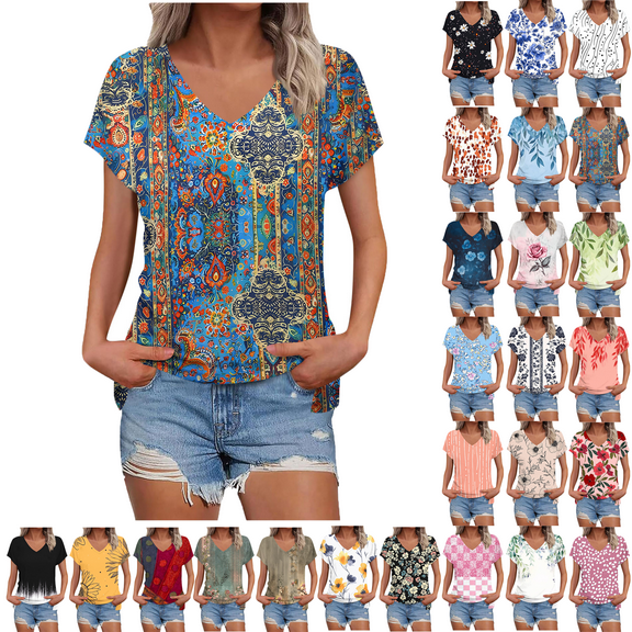 Summer Dressy Blouses for Women Pleated Short Sleeve Tunic Tops Casual Floral Shirts V-Neck Solid T-shirts Summer Vacation Beach Fashion Plus Size S-XXL