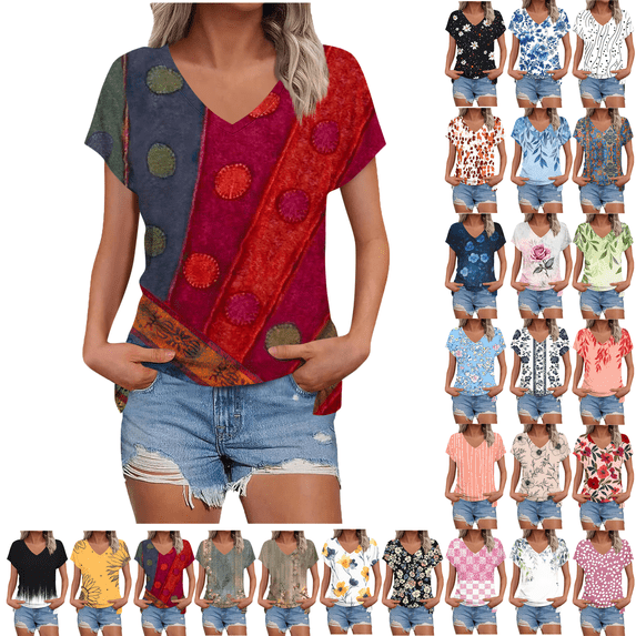 Summer Dressy Blouses for Women Pleated Short Sleeve Tunic Tops Casual Floral Shirts V-Neck Solid T-shirts Summer Vacation Beach Fashion Plus Size S-XXL