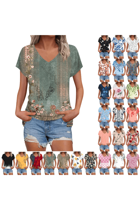 Summer Dressy Blouses for Women Pleated Short Sleeve Tunic Tops Casual Floral Shirts V-Neck Solid T-shirts Summer Vacation Beach Fashion Plus Size S-XXL