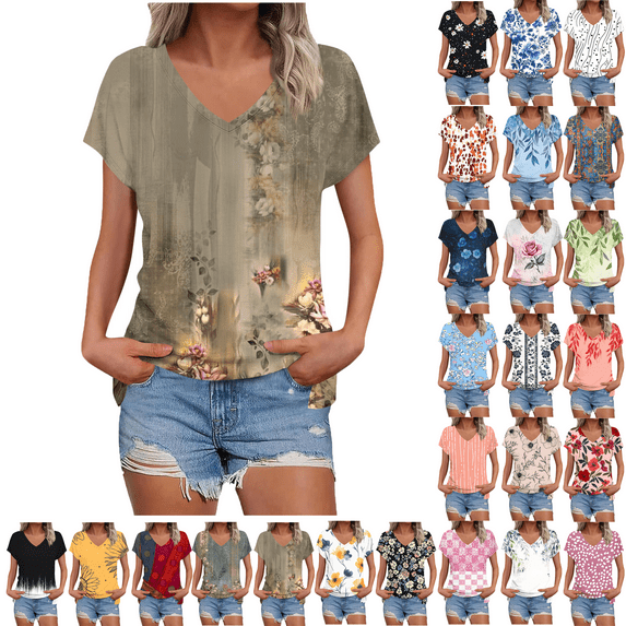 Summer Dressy Blouses for Women Pleated Short Sleeve Tunic Tops Casual Floral Shirts V-Neck Solid T-shirts Summer Vacation Beach Fashion Plus Size S-XXL