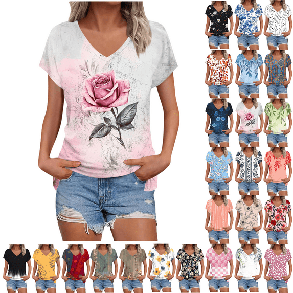 Summer Dressy Blouses for Women Pleated Short Sleeve Tunic Tops Casual Floral Shirts V-Neck Solid T-shirts Summer Vacation Beach Fashion Plus Size S-XXL