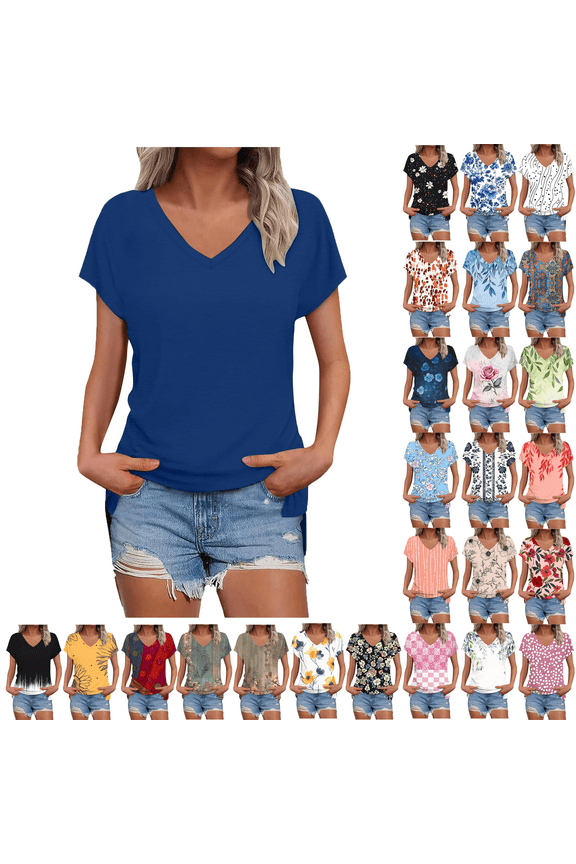 Summer Dressy Blouses for Women Pleated Short Sleeve Tunic Tops Casual Floral Shirts V-Neck Solid T-shirts Summer Vacation Beach Fashion Plus Size S-XXL