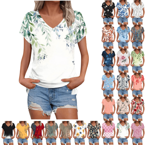 Summer Dressy Blouses for Women Pleated Short Sleeve Tunic Tops Casual Floral Shirts V-Neck Solid T-shirts Summer Vacation Beach Fashion Plus Size S-XXL