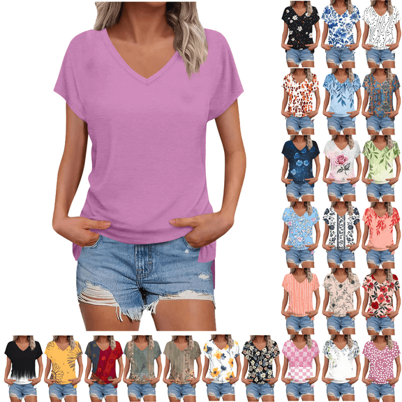 Summer Dressy Blouses for Women Pleated Short Sleeve Tunic Tops Casual Floral Shirts V-Neck Solid T-shirts Summer Vacation Beach Fashion Plus Size S-XXL
