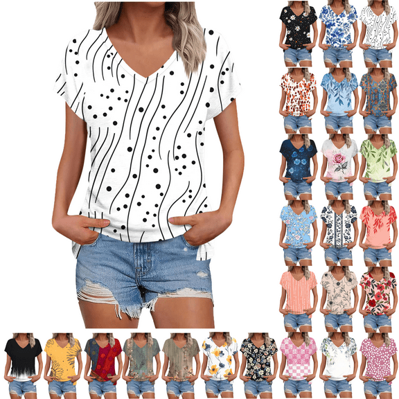 Summer Dressy Blouses for Women Pleated Short Sleeve Tunic Tops Casual Floral Shirts V-Neck Solid T-shirts Summer Vacation Beach Fashion Plus Size S-XXL