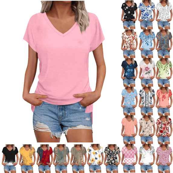 Summer Dressy Blouses for Women Pleated Short Sleeve Tunic Tops Casual Floral Shirts V-Neck Solid T-shirts Summer Vacation Beach Fashion Plus Size S-XXL