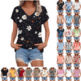 thumbnail image 1 of Summer Dressy Blouses for Women Pleated Short Sleeve Tunic Tops Casual Floral Shirts V-Neck Solid T-shirts Summer Vacation Beach Fashion Plus Size S-XXL, 1 of 6