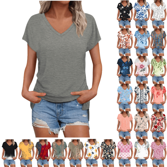 Summer Dressy Blouses for Women Pleated Short Sleeve Tunic Tops Casual Floral Shirts V-Neck Solid T-shirts Summer Vacation Beach Fashion Plus Size S-XXL