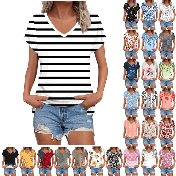 Summer Dressy Blouses for Women Pleated Short Sleeve Tunic Tops Casual Floral Shirts V-Neck Solid T-shirts Summer Vacation Beach Fashion Plus Size S-XXL