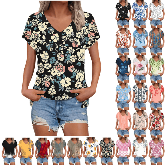 Summer Dressy Blouses for Women Pleated Short Sleeve Tunic Tops Casual Floral Shirts V-Neck Solid T-shirts Summer Vacation Beach Fashion Plus Size S-XXL