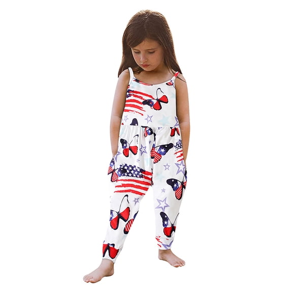 Summer Clearance! EINCcm Girls Romper Girl Jumpsuit Independence Day Romper Girls Summer Sling Sleeveless Short Jumpsuit, for Toddler Baby Girls, White, 3-4 Years