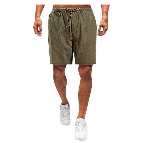 HOOMEUMY Men's Summer Beach Shorts Linen Cotton Solid Color Drawstring Elastic Waist Loose Fit Shorts with Pockets Brown L