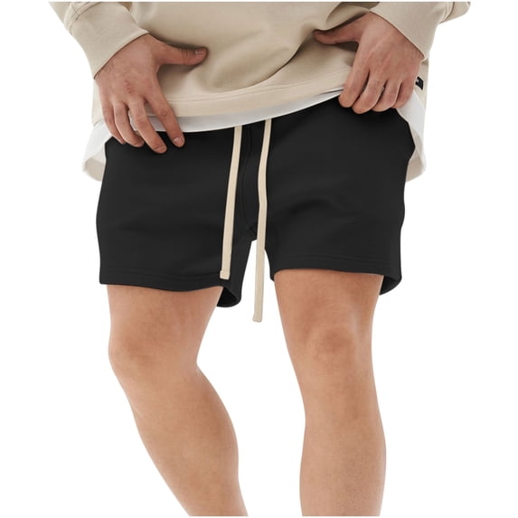 HOOMEUMY Men's Summer Sports Shorts Cotton Drawstring Elastic Waist Solid Color Loose Fit Beach Shorts Sweatpants Joggers Home Shorts Black 12