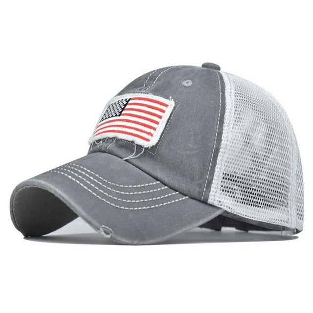 Women's Ponytail Baseball Cap - American Flag Distressed Cotton Dad Hat With Mesh Back