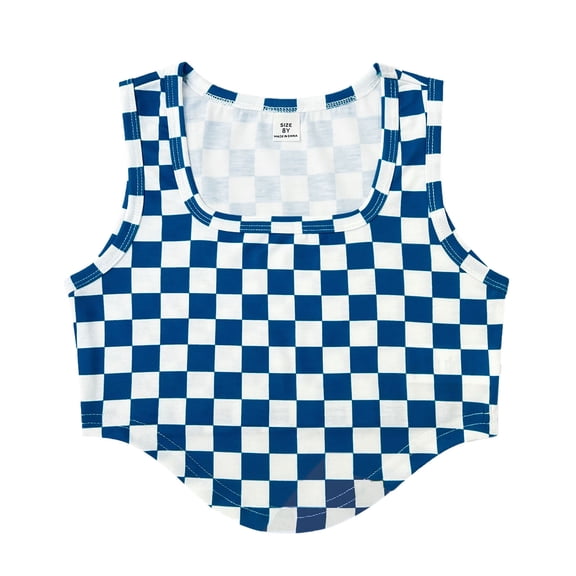 QTOCIO Summer Girls Tank Top, Toddler Girl Clothes, Blue Checkerboard Print Casual Girls Short Sleeveless Top for Middle and Large Kids, Blue, 8 Years