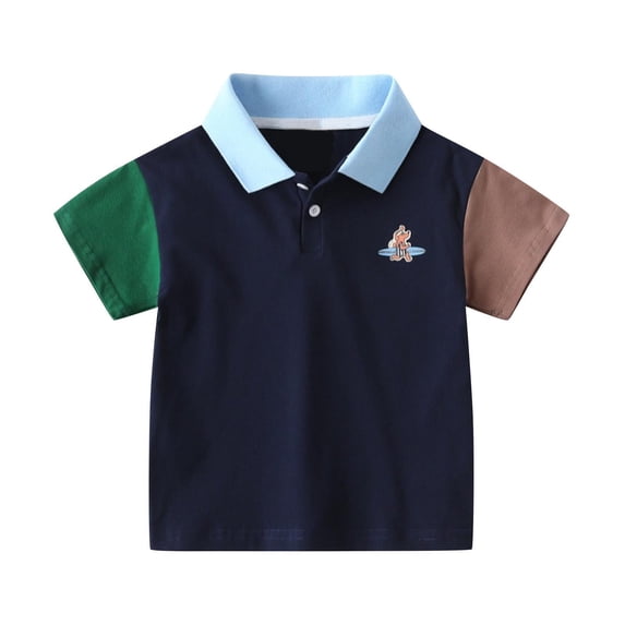 QTOCIO Toddler Boys Clothes, Summer Boys Shirts, Fashionable Children's Lapel Summer Short Sleeved Round Neck T-shirt Mid Size Children's Top, Navy, 5 Years