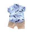 thumbnail image 1 of QTOCIO Toddler Boys Outfits, Kids Boy Clothes, Fashion Boys' Summer Stand Up Collar Print Shirt Short Sleeved Top Elastic Waist Shorts, Light Blue, 2 Years, 1 of 3