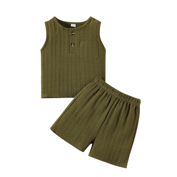 QTOCIO Toddler Boys Outfits, Kids Boy Clothes, Infant Boy Solid Color Textured Fabric Sleeveless Buttoned Pocket Top   Shorts Boy Two-Piece Set, Green, 6 Months