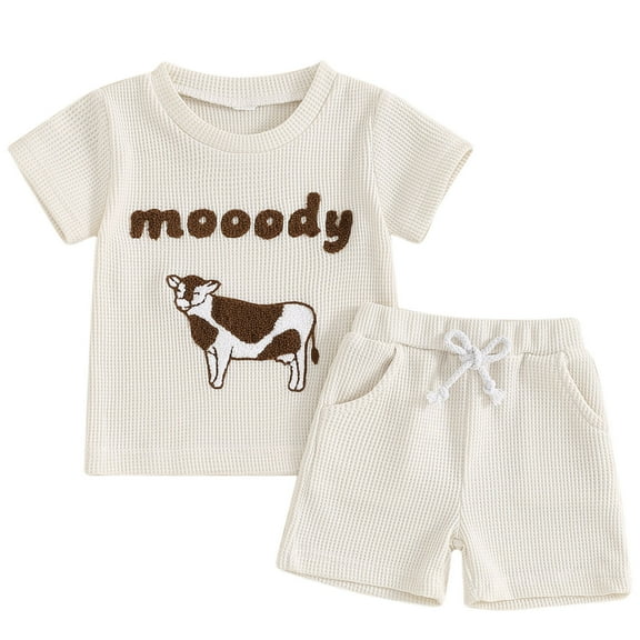 QTOCIO Toddler Boys Outfits, Baby Boy Clothes, Summer Boys' Bull Head Embroidered Short-Sleeved Top and Shorts Two-Piece Set, White, 3 Years