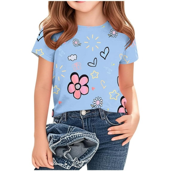 Summer Savings Holiday Deals 2025! QTOCIO Toddler Girl Clothes, Summer Girls Shirts, Children's Printed Casual Round Neck Short Sleeved Shirt Mid Size Children's Casual T-shirt, Blue, 14 Years