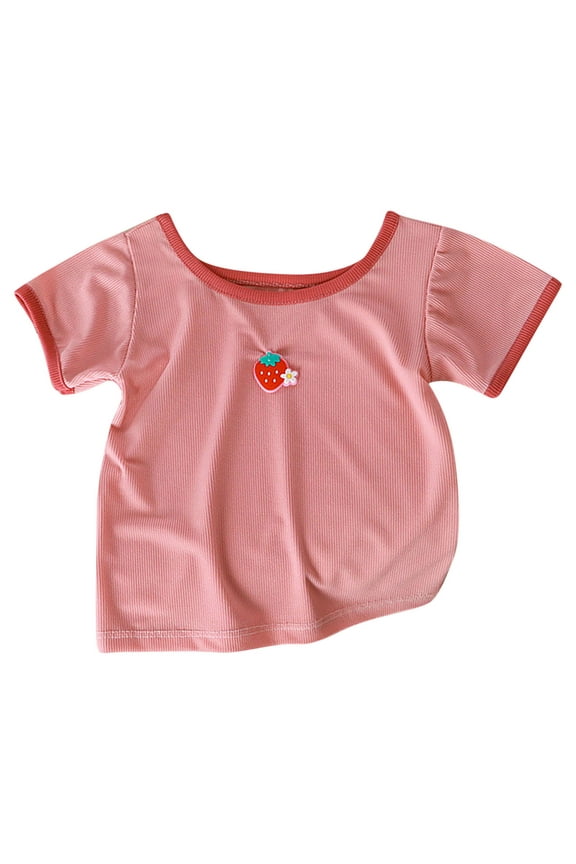 Toddler Girl Clothes, Summer Girls Shirts, Cute And Versatile Ice Silk Neck Short-sleeved T-shirt For Middle And Large Girls, Pink, 4 Years